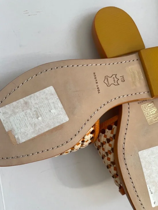 TORY BURCH Woven Crochet Raffia Yellow Citrine/natural Flat size 6 NWOB - Picture 2 of 6